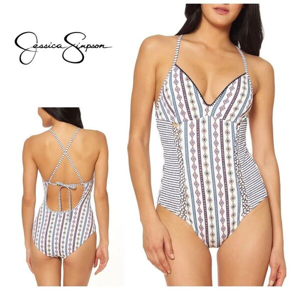 New. Jessica Simpson Moroccan Stripe Printed One-Piece Swimsuit. Retails $98 - Picture 1 of 8